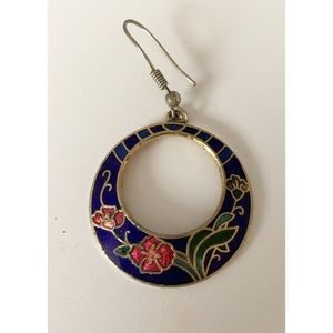 Cloisonné blue floral drop dangle earring single